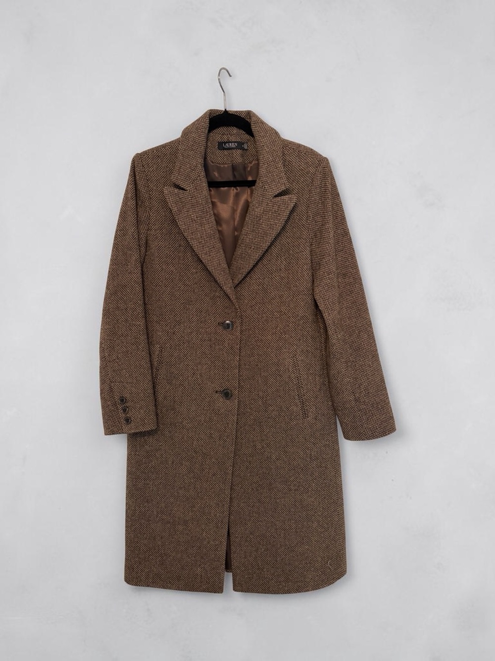 Lauren Ralph Lauren Brown Herringbone Single-Breasted Wool Trench Coat